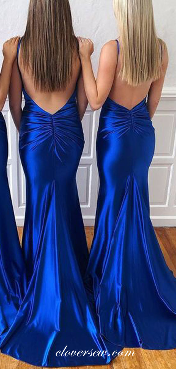 Royal Blue Elastic Satin Backless Mermaid Bridesmaid Dresses, CB0097