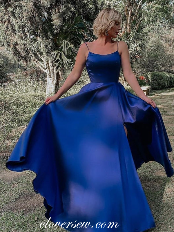 Royal Blue Elastic Satin Spaghetti Strap Lace Up Back Prom Dresses,CP0347