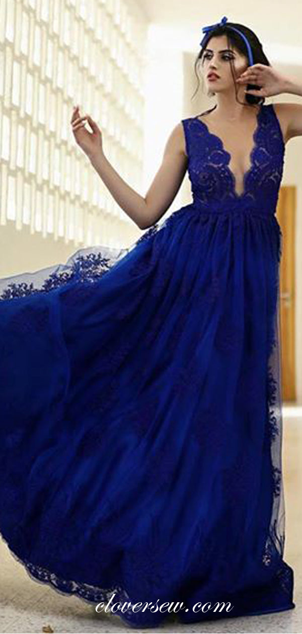 Royal Blue Lace Sleeveless V-neck A-line Prom Dresses, CP0030