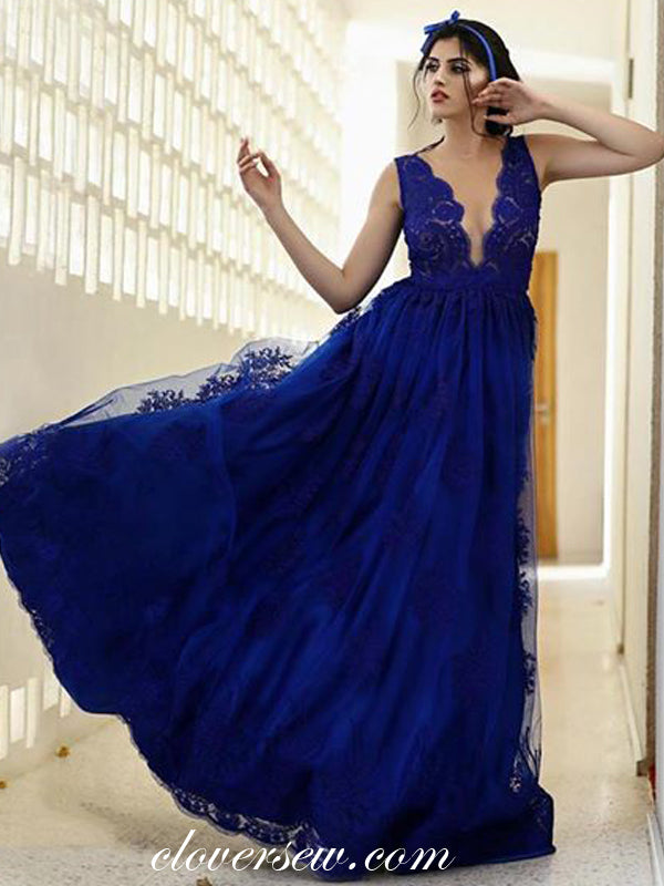 Royal Blue Lace Sleeveless V-neck A-line Prom Dresses, CP0030