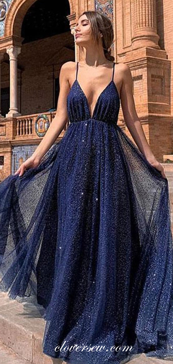 Royal Blue Sequin Spaghetti Strap Backless Shiny Prom Dresses, CP0023