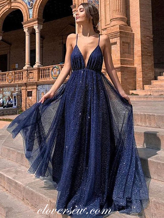 Royal Blue Sequin Spaghetti Strap Backless Shiny Prom Dresses, CP0023