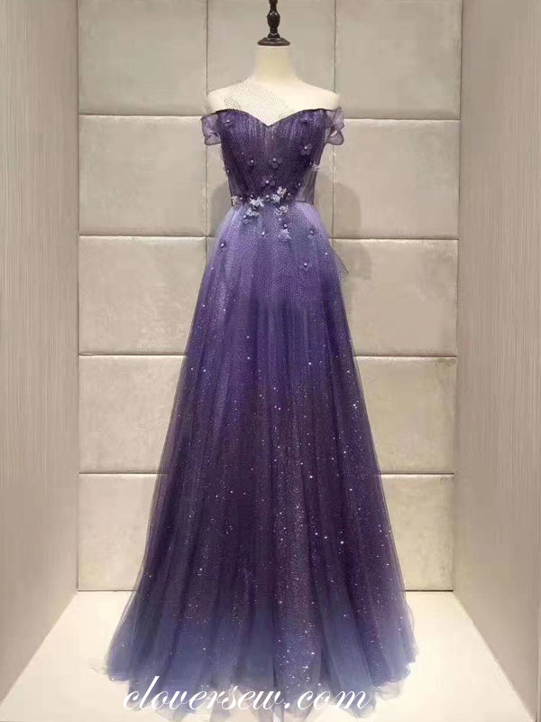 Royal Blue Sequin Tulle Off The Shoulder A-line Prom Dresses ,CP0172