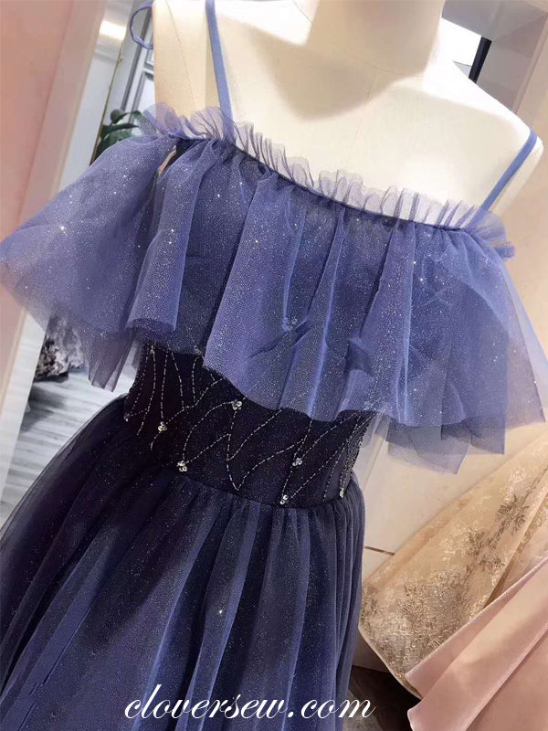 Royal Blue Shiny Tulle Spaghetti Strap Off The Shoulder A-line Prom Dresses ,CP0167