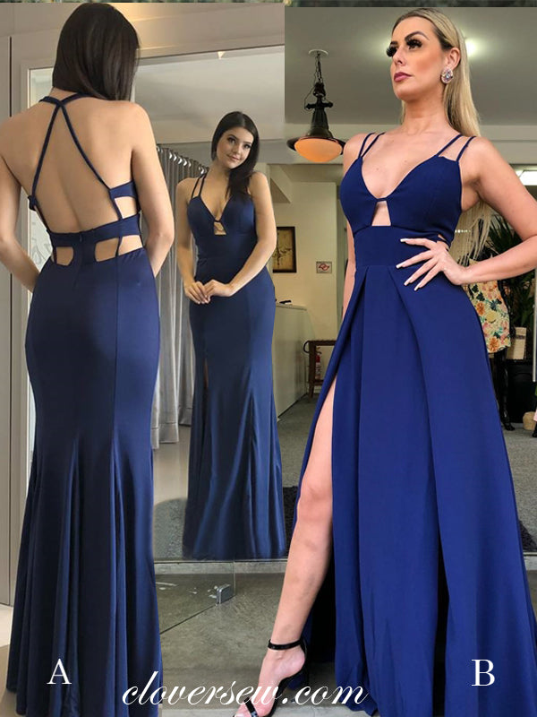 Royal Blue Spaghetti Strap Open Back Mismatched Prom Dresses , CP0044