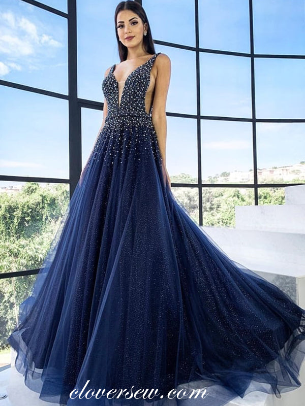 Royal Blue Tulle Bead Rhinestone Sleeveless A-line Prom Dresses,CP0293