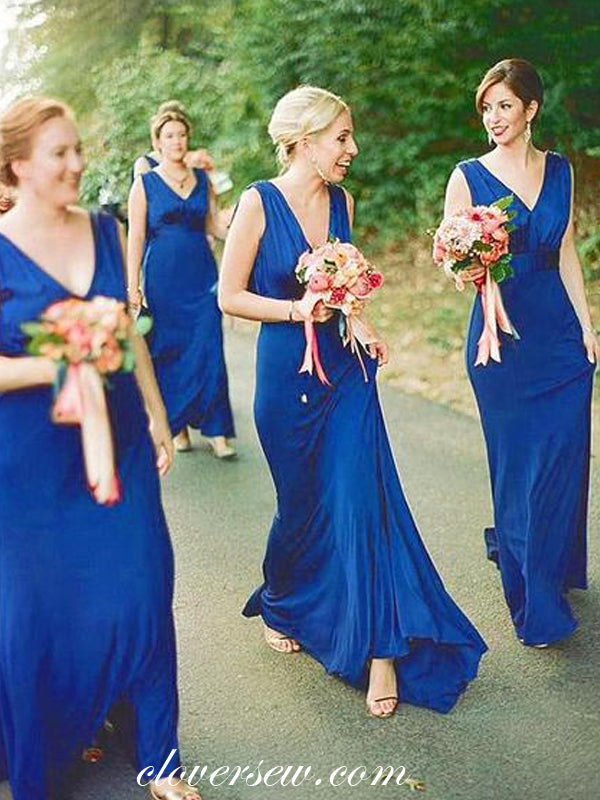 Royal Blue V-neck Sleeveless Column Long Bridesmaid Dresses,CB0110