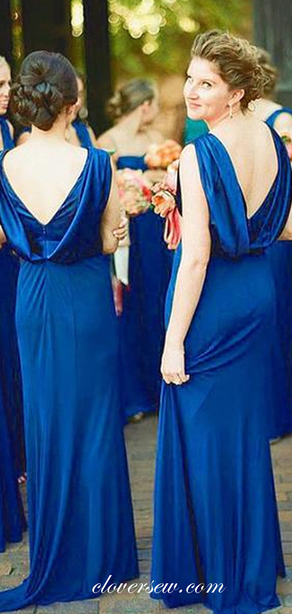 Royal Blue V-neck Sleeveless Column Long Bridesmaid Dresses,CB0110
