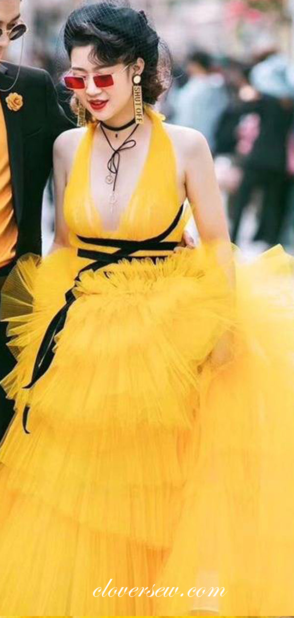 Ruffles Yellow Tulle Tiered Sleeveless A-line Prom Dresses,CP0411