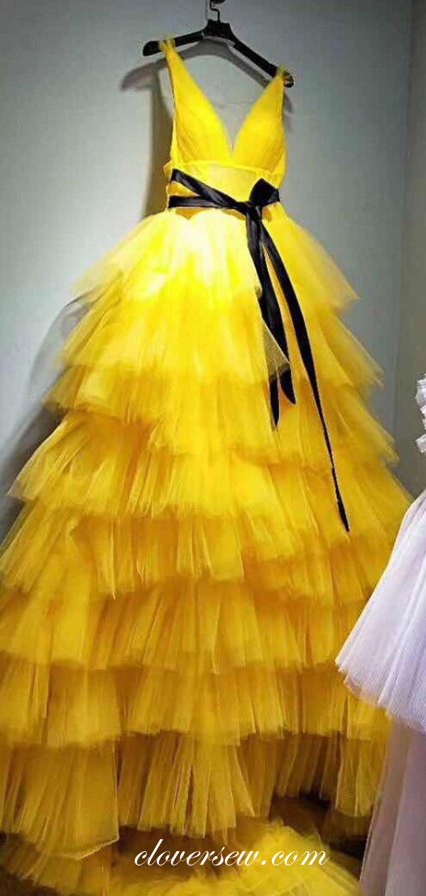 Ruffles Yellow Tulle Tiered Sleeveless A-line Prom Dresses,CP0411