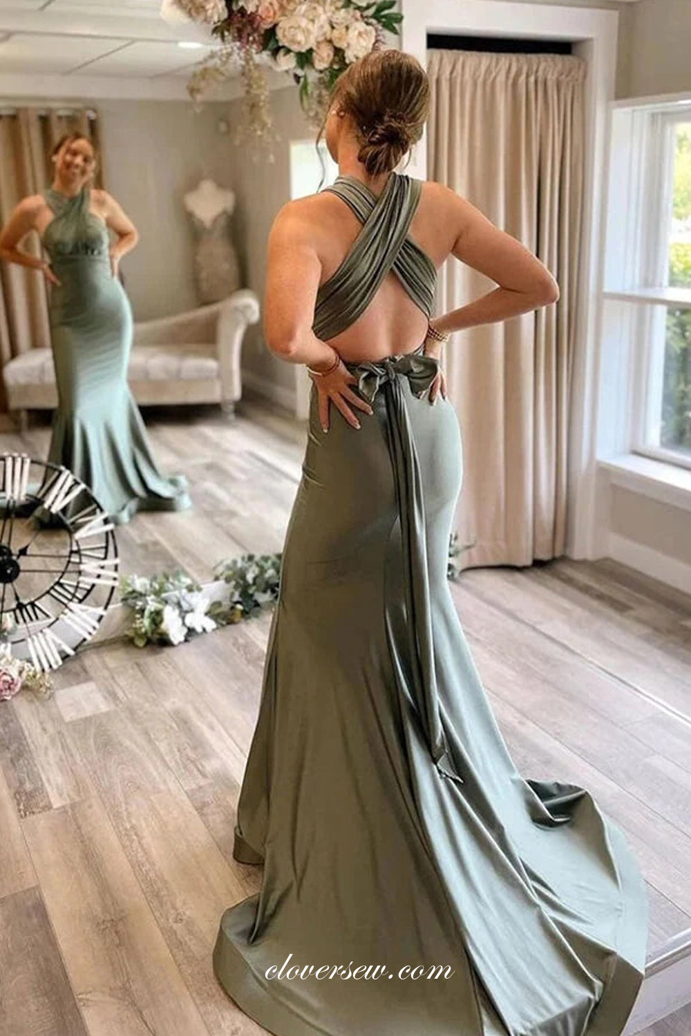 Sage Green Stylish Convertible Straps Mermaid Long Bridesmaid Dresses, CB0281