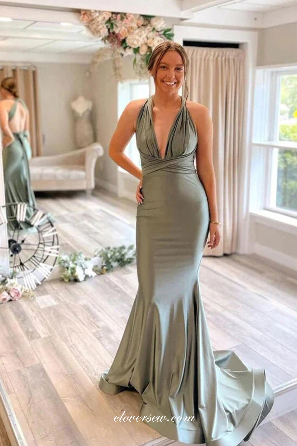 Sage Green Stylish Convertible Straps Mermaid Long Bridesmaid Dresses, CB0281