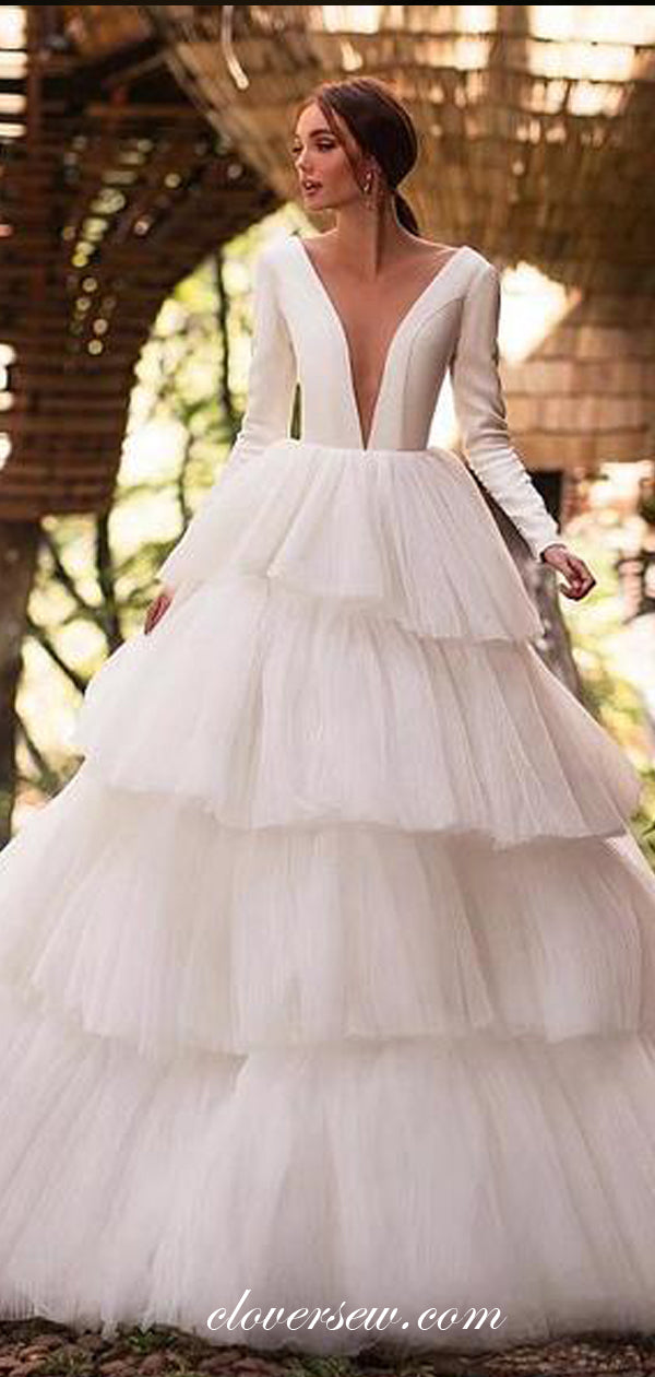 Satin Long Sleeves Tiered Tulle Cake Wedding Dresses,CW0148