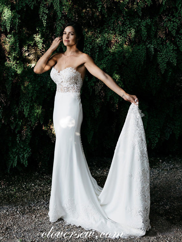 See Through Lace Top Sweetheart Strapless Mermaid With Train Wedding Dresses, CW0024