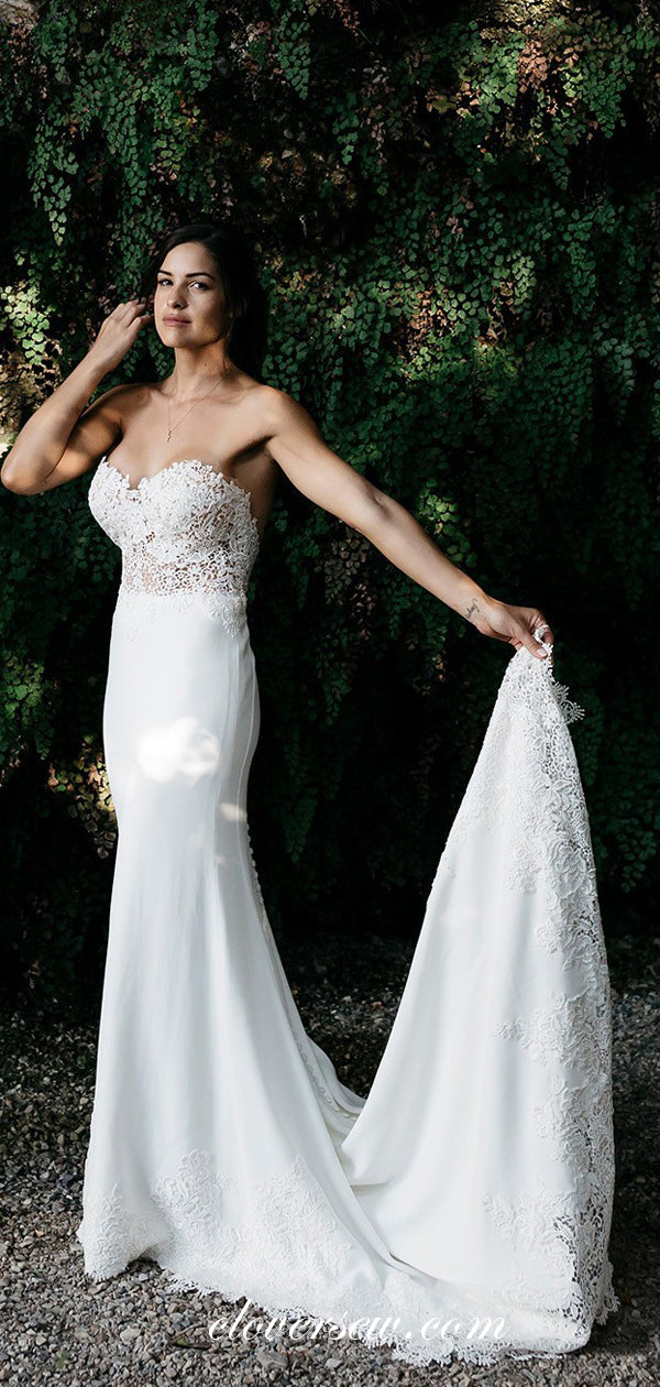 See Through Lace Top Sweetheart Strapless Mermaid With Train Wedding Dresses, CW0024