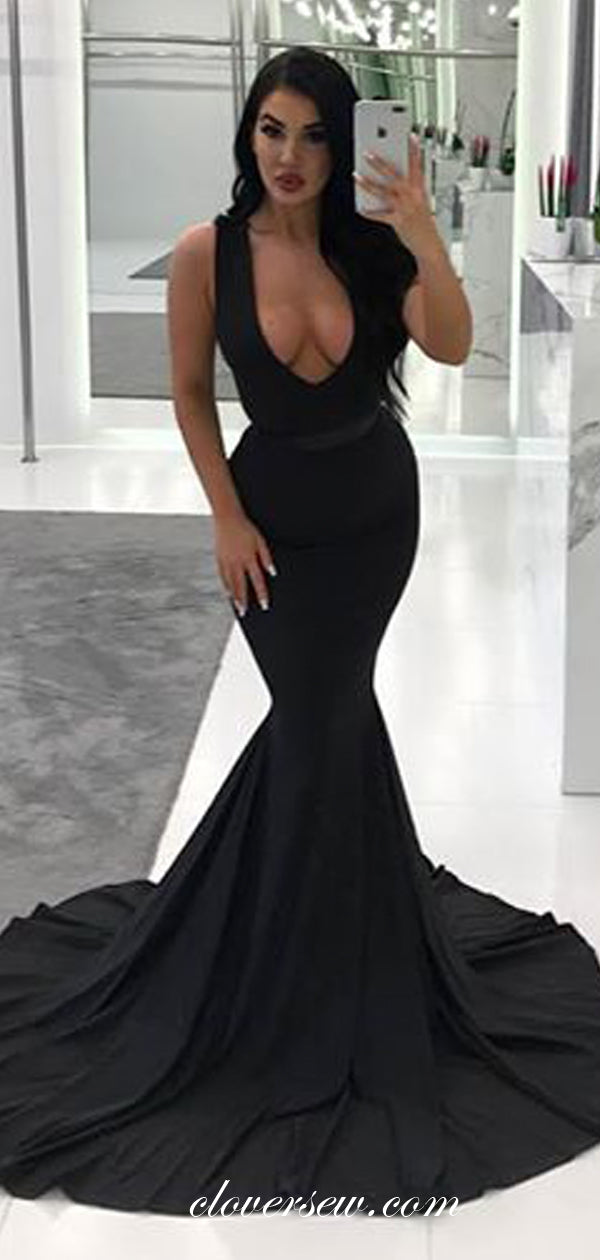 Sexy Black V-neeck Sleeveless Mermaid Formal Dresses, CP0006