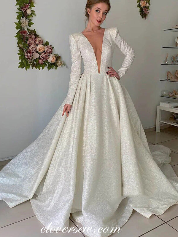 Shining Sequin Light Ivory Long Sleeves A-line Popular Wedding Dresses, CW0242