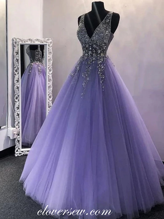 Shiny Bead Applique Lavender Tulle See Through Prom Dresses, CP0535