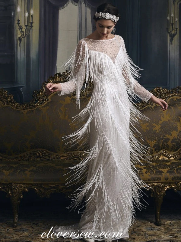 Shiny Bead Long Sleeves With Fully Tassel Sheath Wedding Gowns, CW0210
