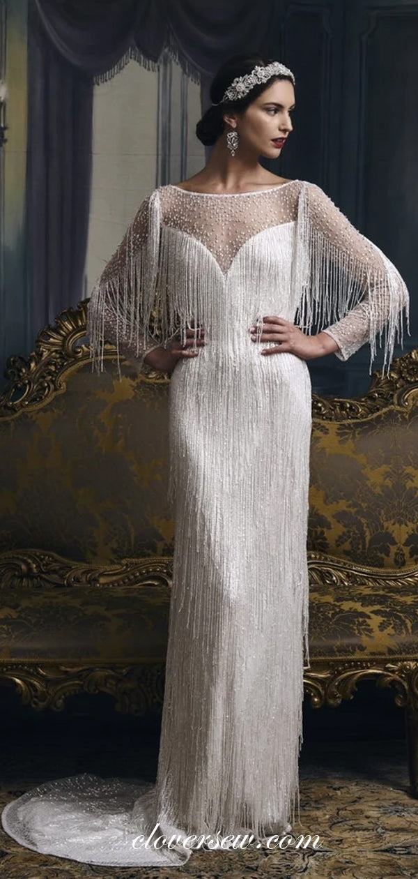 Shiny Bead Long Sleeves With Fully Tassel Sheath Wedding Gowns, CW0210