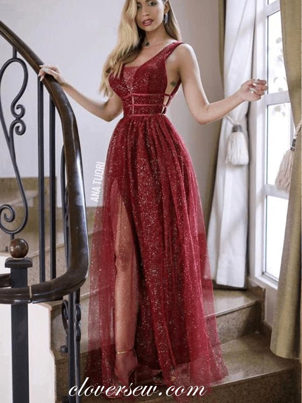 Shiny Maroon Sequined Tulle Side Slit Evening Dresses, CP0698