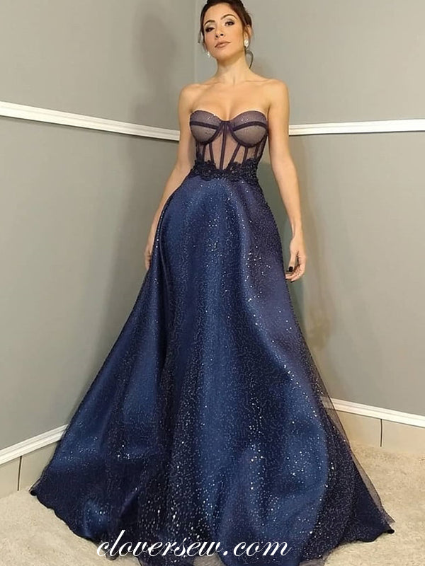 Shiny Navy Sweetheart Strapless Illusion Formal Dresses, CP0680
