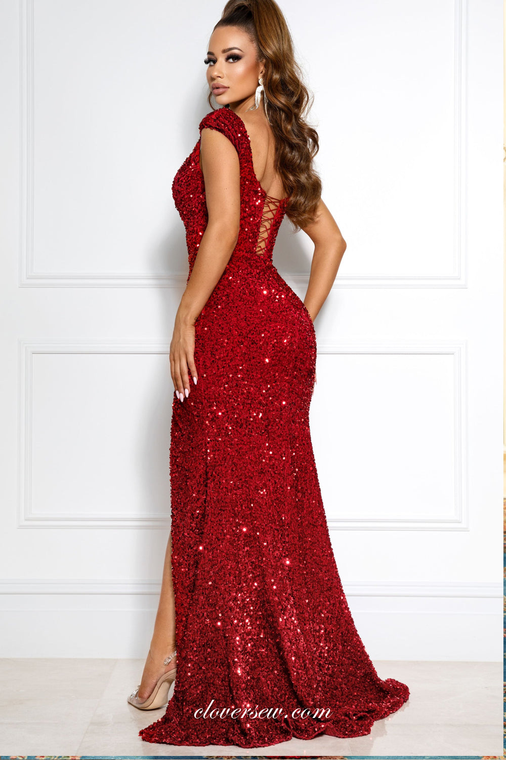 Shiny Red Sequined Sheath Lace Up Back With High Slit Part Dresses, CP0764