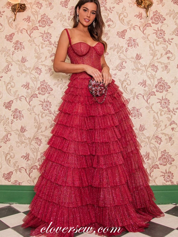 Shiny Red Sequined Tulle Tiered A-line Fahion Prom Dresses, CP0672