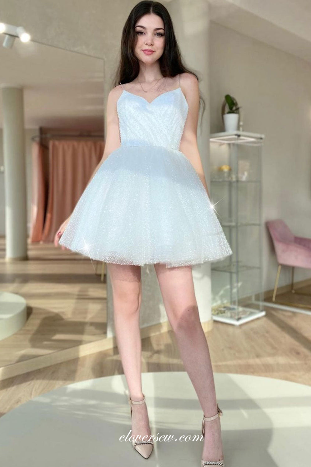 Shiny Sequined Tulle Spaghetti Strap Sparkly Homecoming Dresses, CH0050