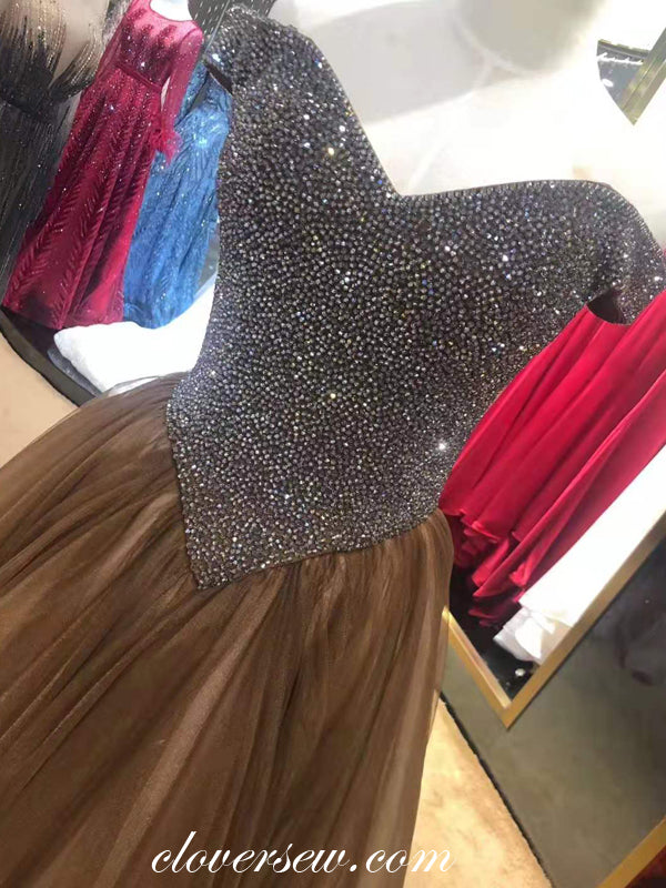 Shiny Bead Brown Tulle Off The Shoulder A-line Prom Dresses,CP0231