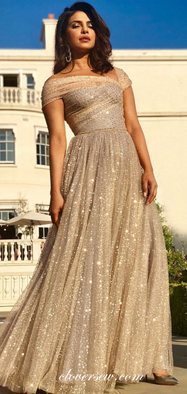 Shiny Gold Sequin Tulle Off The Shoulder A-line Prom Dresses,CP0441