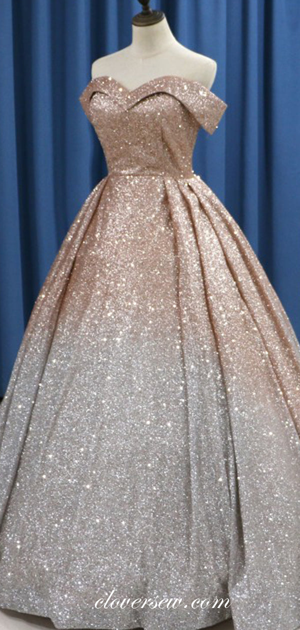 Shiny Sequin Tulle Off The Shoulder Ball Gown Prom Dresses, CP0139