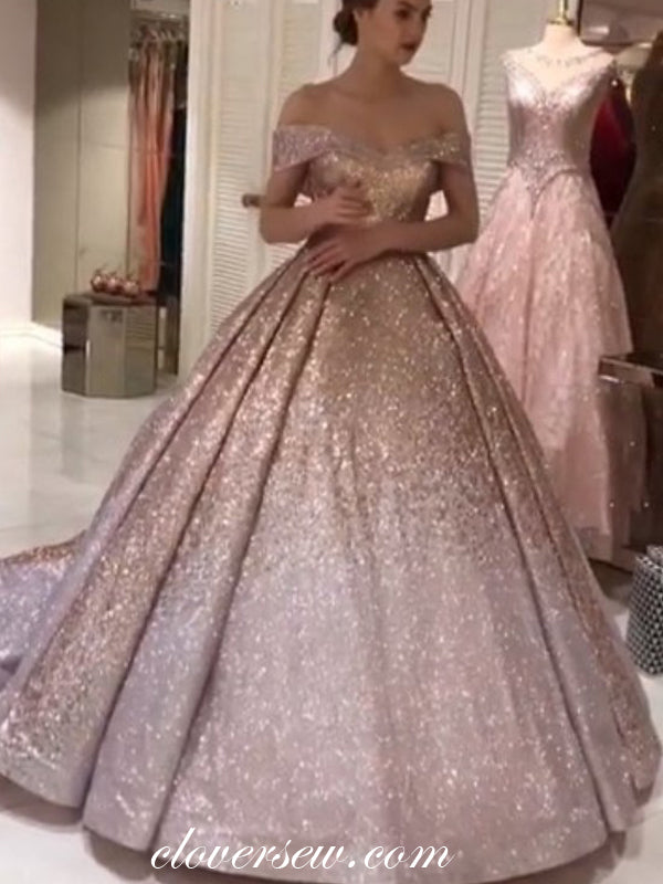 Shiny Sequin Tulle Off The Shoulder Ball Gown Prom Dresses, CP0139