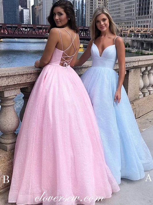 Shiny Sequin Tulle Spaghetti Strap Lace Up Back Prom Dresses,CP0274
