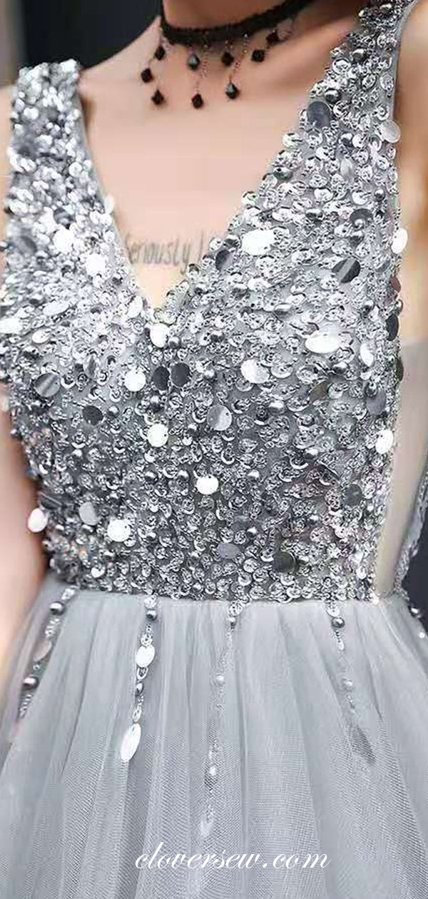 Silver Sequin V-neck Sleeveless A-line Prom Dresses, CP0662