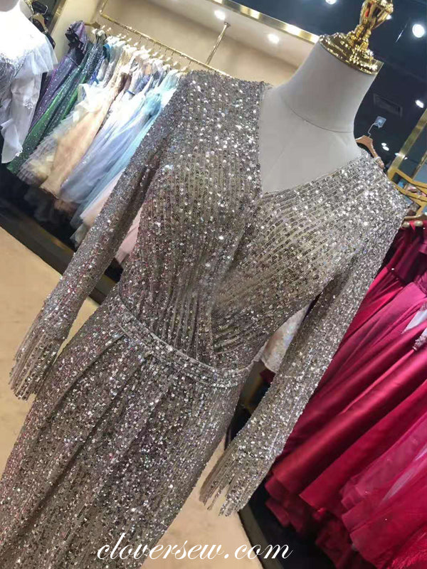 Silver Sequin Long Sleeves With Tassels Sheath Prom Dresses,CP0230