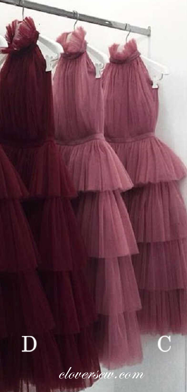 Simple Tulle Halter Tiered A-line Ankle Length Prom Dresses, CP0503