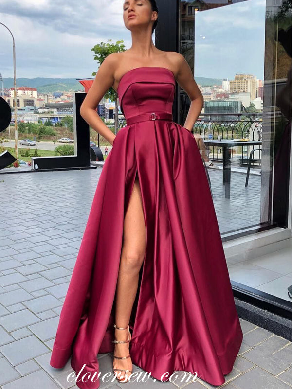 Simple Fshion Satin Strapless With Pockets Side Slit Prom Dresses,CP0381
