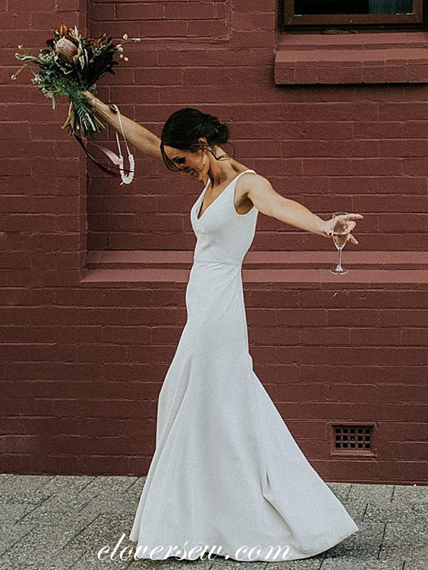 Simple Satin Sleeveless V-neck V-back A-line Wedding Dresses , CW0023