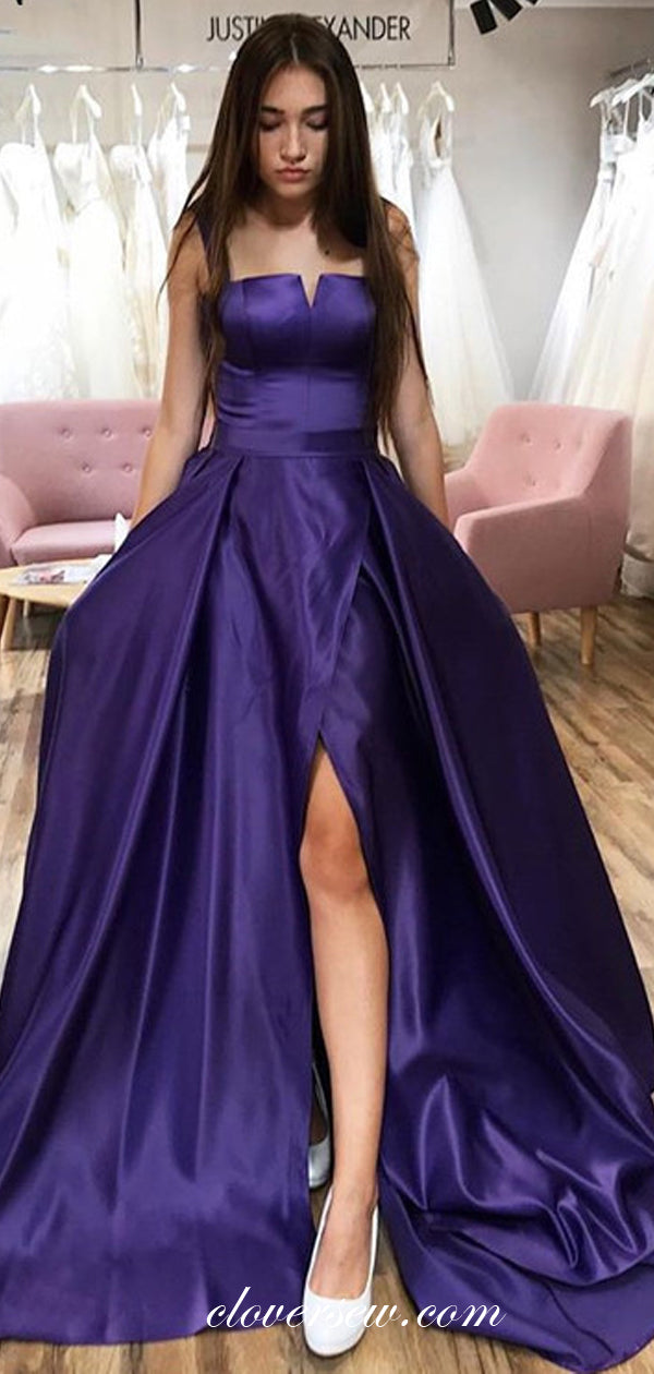 Simple Satin Strapelss Side Slit A-line Prom Dresses,CP0442