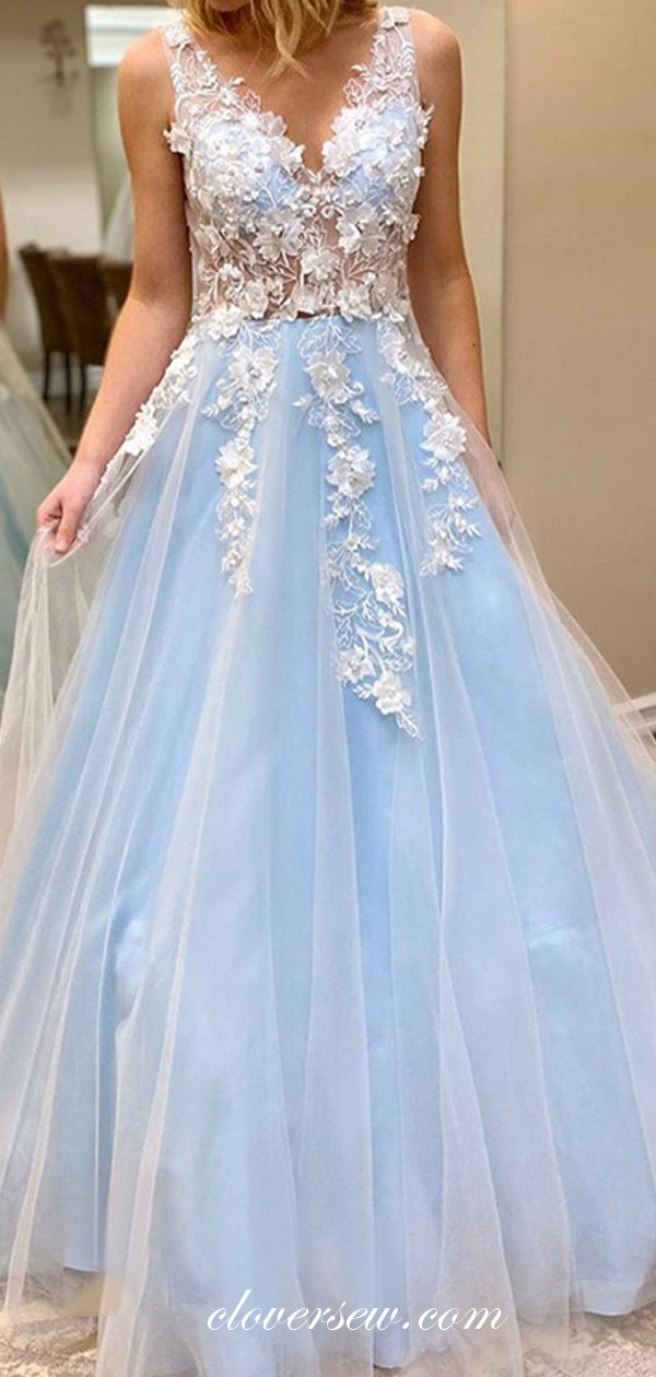 Sky Blue Applique Illusion Top V-back A-line Prom Dresses, CP0543