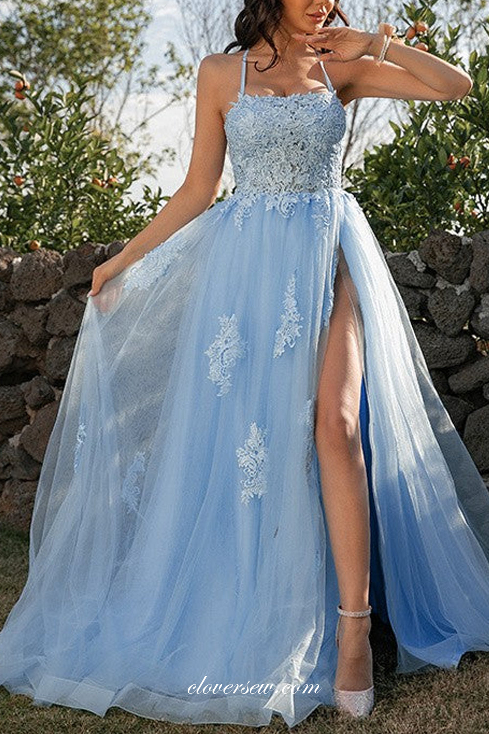 Sky Blue Applique Lace Up Open Back Side Slit Prom Dresses, CP0843