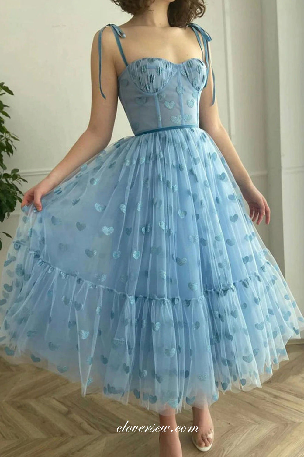 Sky Blue Heart Tulle Sweetheart Sleeveless Tea Length Popular Homecoming Dresses, CH0054