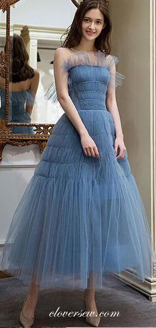 Sky Blue Ruffles Tulle Strapless Tea Length Prom Dresses, CP0504