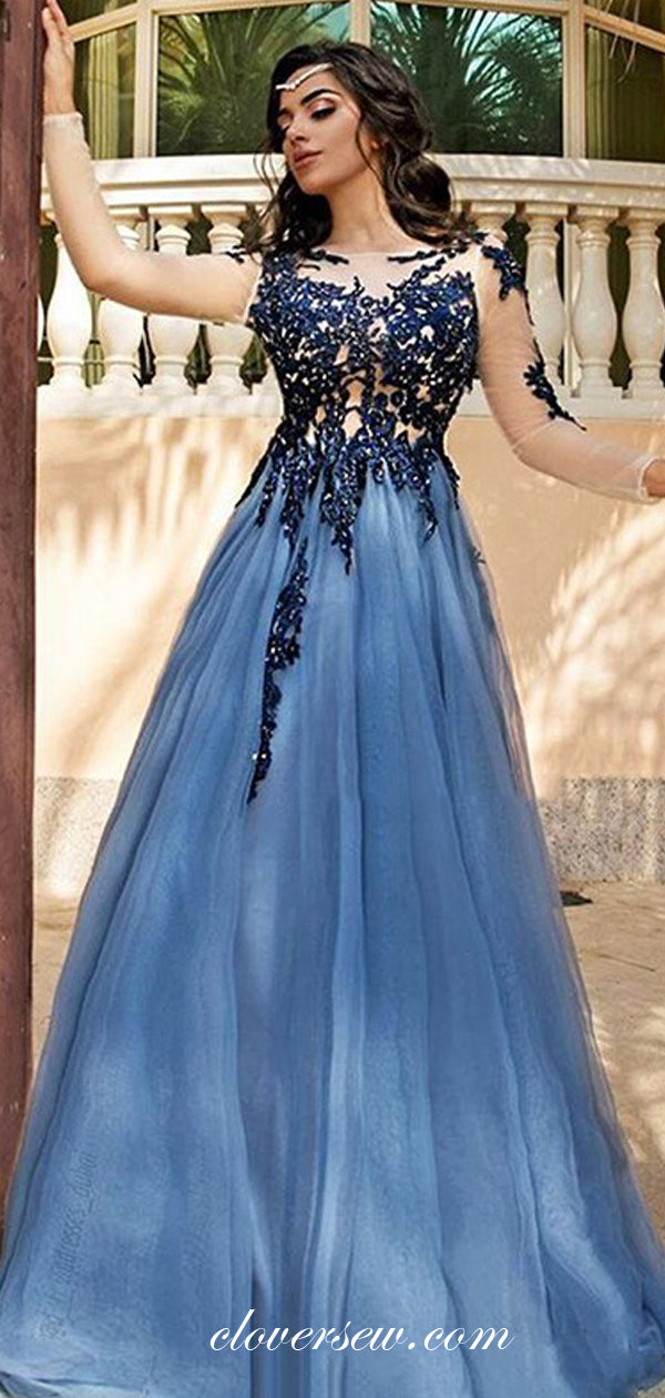 Sky Blue Tulle Beaded Applique Long Sleeves A-line Prom Dresses, CP0493