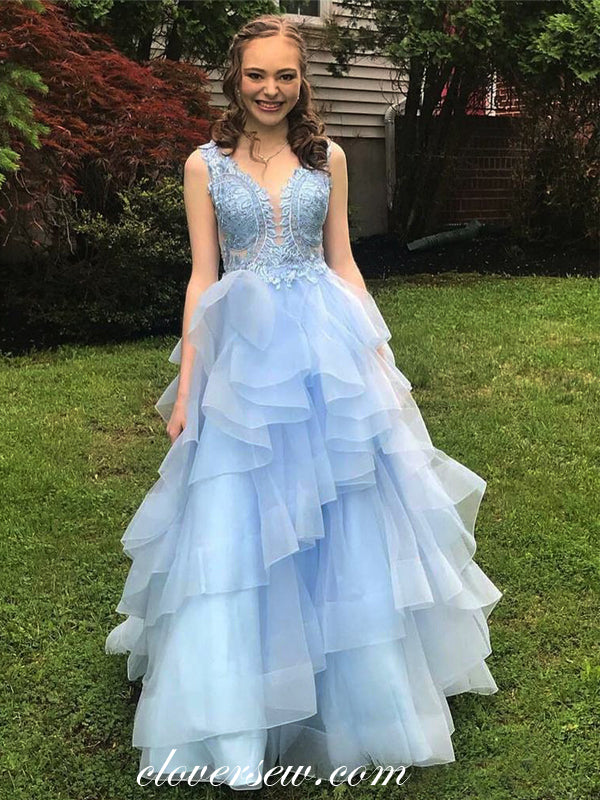Sky Blue Organza Lace Scoop Back Ball Gown Prom Dresses, CP0066