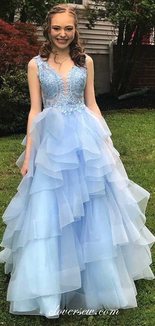 Sky Blue Organza Lace Scoop Back Ball Gown Prom Dresses, CP0066