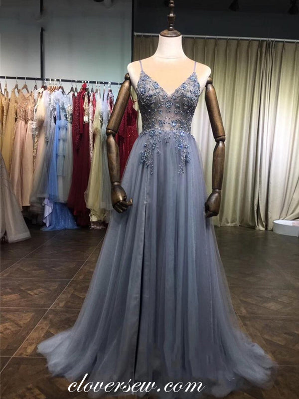Sky Blue Tulle Bead Spaghetti Strap A-line Prom Dresses,CP0148