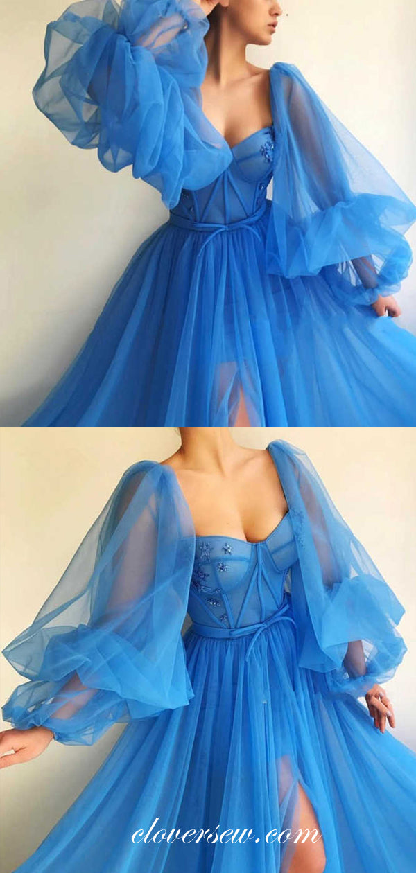 Sky Blue Tulle Long Lantern Sleeves A-line Prom Dresses, CP0483