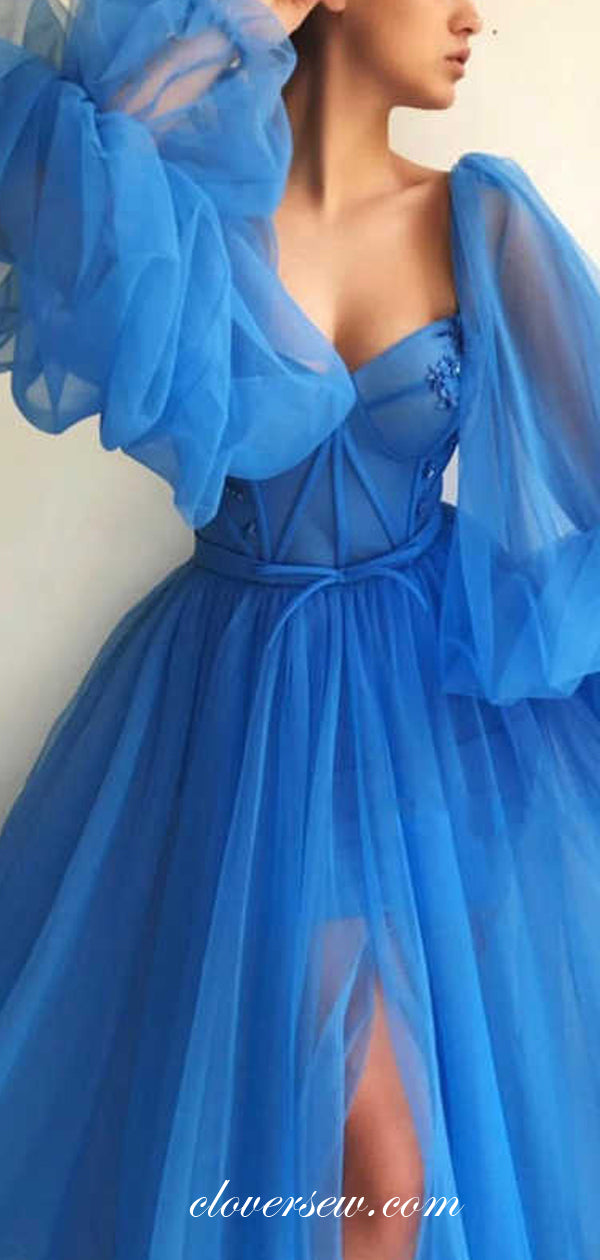 Sky Blue Tulle Long Lantern Sleeves A-line Prom Dresses, CP0483